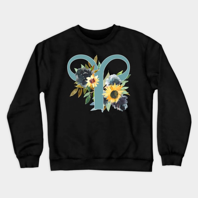 Aries Horoscope Zodiac Blue Sunflower Design Crewneck Sweatshirt by bumblefuzzies